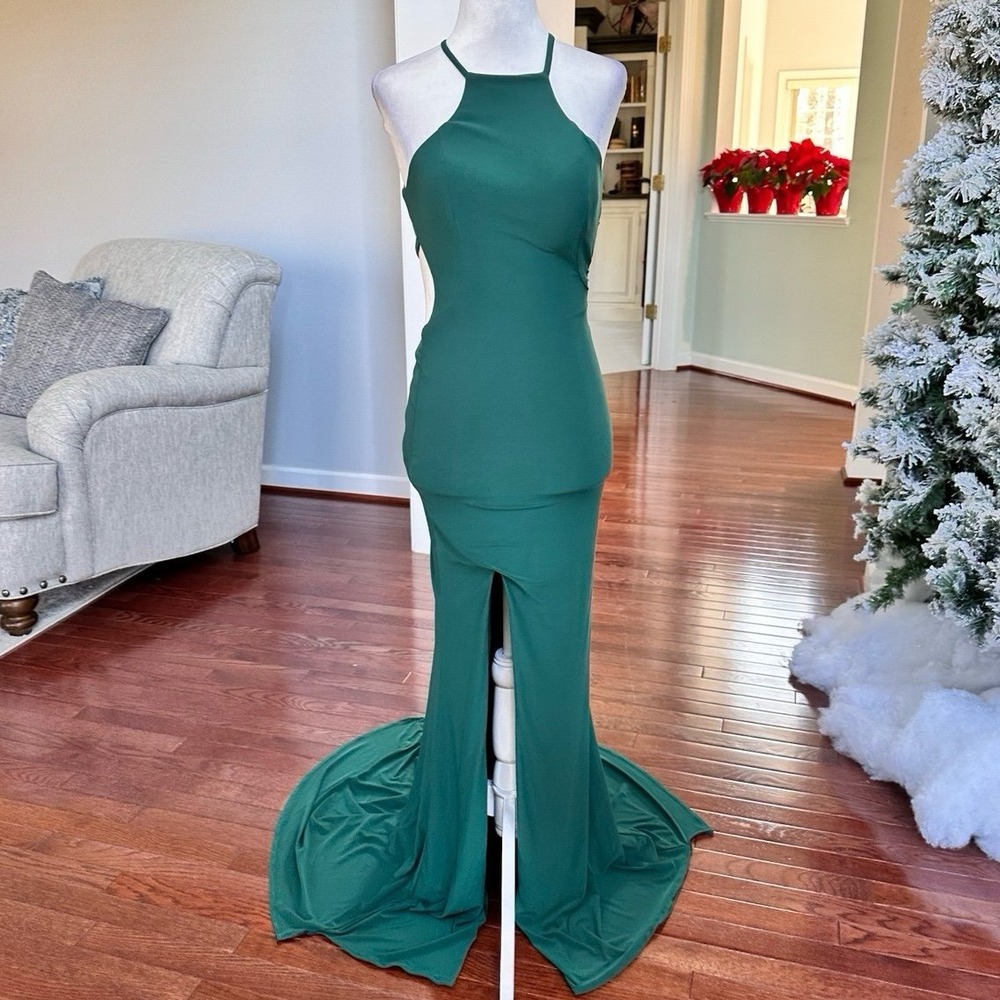 2000s La Femme Forest Green High Neck High Slit Sexy Open Back Gown Dress